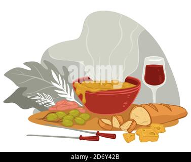 Served table in restaurant or home, soup and wine Stock Vector