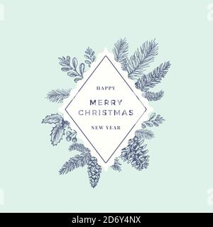 Merry Christmas Abstract Botanical Logo or Card with Rhombus Frame Banner and Modern Typography. Hand Drawn Spruce or Pine Branches, Holly and Stock Vector