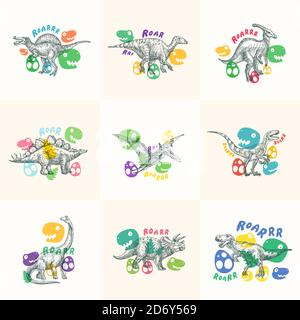 Dinosaurs Abstract Signs, Symbols or Logo Templates Collection. Hand Drawn Ancient Reptiles Labels Set with Funny Flat Style Illustrations. Cute Stock Vector