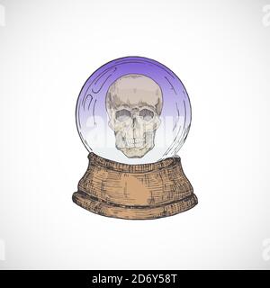 Hand Drawn Colorful Halloween Fortune Teller Cristal Prediction Ball with a Scull Inside. Abstract Vector Illustration Sketch. Holiday Doodle Style Stock Vector