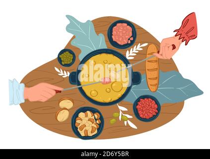 Eating from chinese hot pot, cooking meal on table Stock Vector