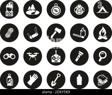 Expedition & Exploring Icons White On Black Flat Design Circle Set Big Stock Vector