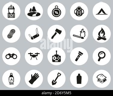 Expedition & Exploring Icons Black & White Flat Design Circle Set Big Stock Vector