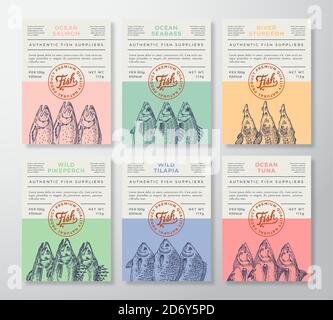 Seafood Abstract Vector Packaging Design or Labels Set. Modern Typography Banners, Hand Drawn Tuna, Salmon, Sturgeon Fish Silhouettes Color Paper Stock Vector