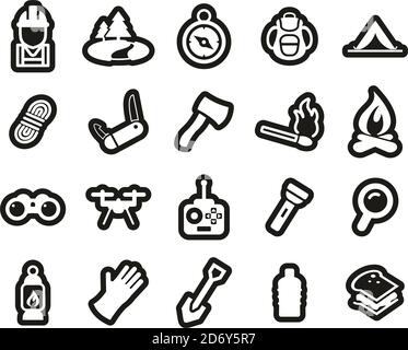 Expedition & Exploring Icons White On Black Sticker Set Big Stock Vector