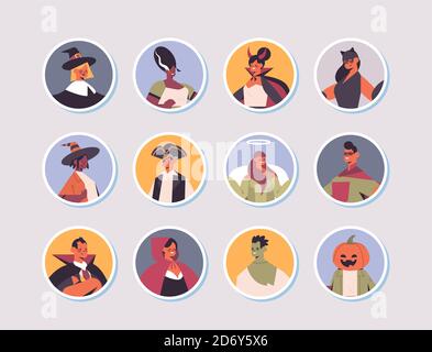 set mix race people in different costumes happy halloween party celebration concept men women avatars collection flat portrait vector illustration Stock Vector