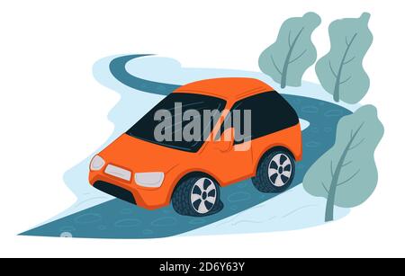 Car on icy road, driving automobile in winter Stock Vector