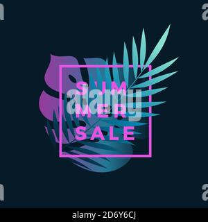Neon Gradient Fern and Monstera Palm Leaf In a Frame with Modern Typography. Abstract Vector Fluorescent Promo Sale Card. Elegant Luminous Advertising Stock Vector