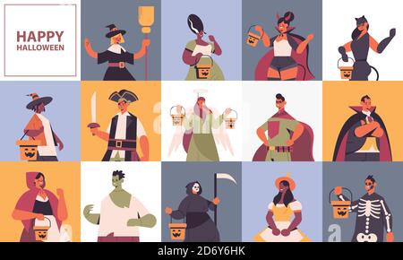 set mix race people in different costumes happy halloween party celebration concept cute men women avatars collection copy space flat portrait horizontal vector illustration Stock Vector