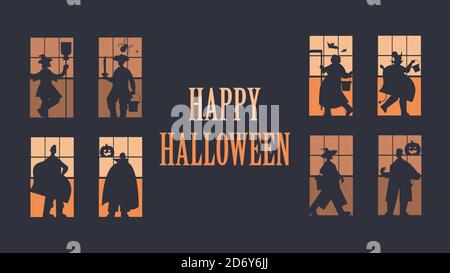 people silhouettes in different costumes celebrating happy halloween party concept lettering greeting card horizontal full length vector illustration Stock Vector