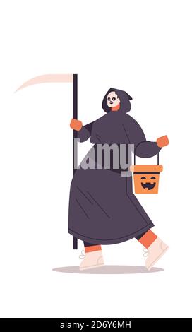 cute character standing in grim reaper costume happy halloween party celebration concept flat full length isolated vertical vector illustration Stock Vector
