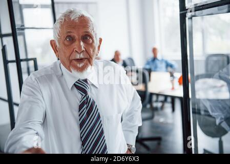 Portrait of senior man that stands in front of aged team of elderly businessman architects that have a meeting in the office Stock Photo