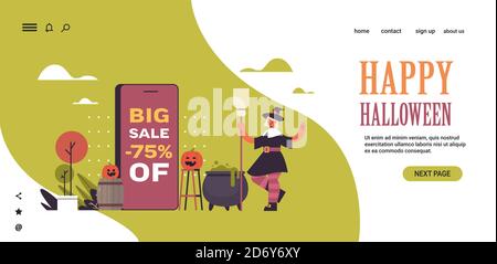 woman in witch costume celebrating happy halloween party big sale special offer seasonal discount concept horizontal copy space full length vector illustration Stock Vector