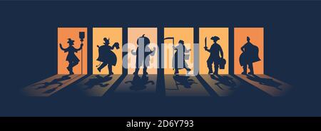 people silhouettes in different costumes celebrating happy halloween party concept greeting card horizontal full length vector illustration Stock Vector