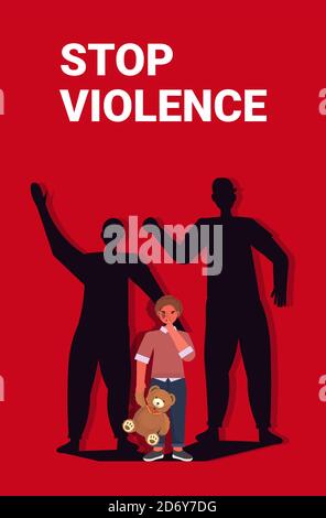 little crying girl listening parents shouting and quarrelling violence in family concept full length vertical vector illustration Stock Vector