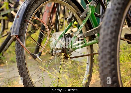 A combination number lock on a bike in rear wheel Stock Photo