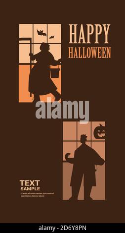 people silhouettes in different costumes celebrating happy halloween party concept lettering greeting card vertical full length vector illustration Stock Vector