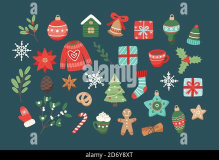 Christmas set, cute seasonal elements, vector illustration in flat style Stock Vector