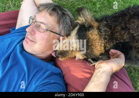 Senior dog licking face of smiling mature man, lying on pillow in meadow. Friendship between old dog and his owner. Pets love concept Stock Photo