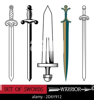 Ancient Europe weapon - set of swords. Vikings sword, sword knights crusaders, Celtic sword Stock Vector