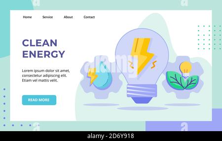 Clean energy lightning bulb lamp drop water green leaf campaign for web website home homepage landing page template banner with flat style Stock Vector