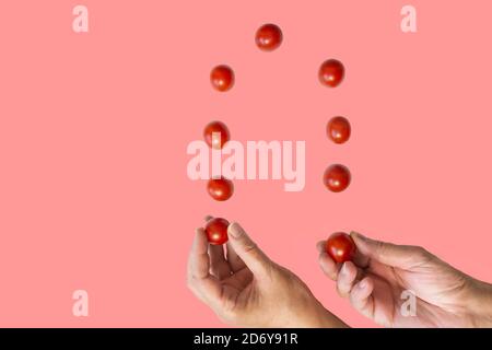 Flying small tomatoes over hands isolated on pink background. Trick of acrobatics with fresh tomatoes. Modern culinary mockup with copy space. Stock Photo