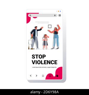 little crying girl listening parents shouting and quarrelling violence in family concept smartphone screen full length copy space vector illustration Stock Vector