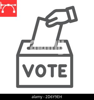 Hand voting ballot box line icon, election and vote, vote box sign vector graphics, editable stroke linear icon, eps 10. Stock Vector