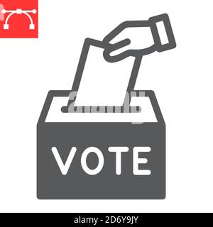 Hand voting ballot box glyph icon, election and vote, vote box sign vector graphics, editable stroke solid icon, eps 10. Stock Vector
