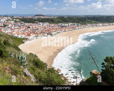 View over town and beach from Sitio. The town Nazare on the coast of the Atlantic ocean. Europe, Southern Europe, Portugal Stock Photo