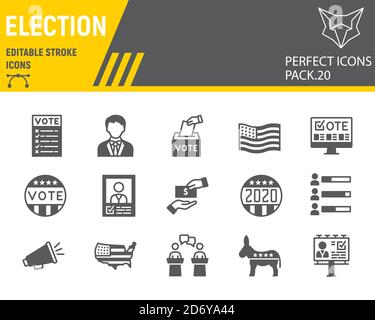 Voting and Election glyph icon set, vote collection, vector sketches, logo illustrations, Elections icons, Voting 2020 signs solid pictograms Stock Vector