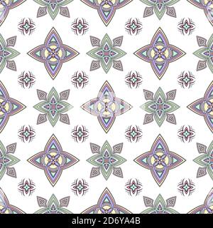 Abstract colorful ornament, oriental curve swirls seamless pattern with flowers and curl, openwork. Multicolored tracery on white background, for Stock Vector