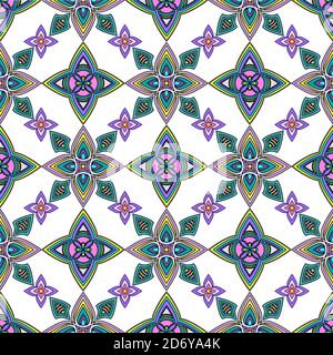 Abstract colorful ornament, oriental curve swirls seamless pattern with flowers and curl, openwork. Multicolored tracery on white background, for Stock Vector