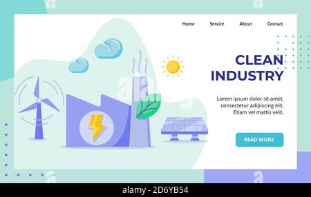 Clean industry factory building green leaf wind solar power energy campaign for web website home homepage landing page template banner with flat style Stock Vector