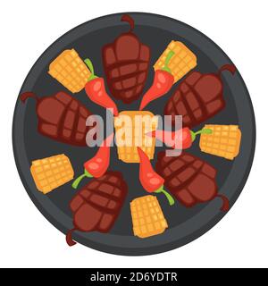 Grilled vegetables on plate, corn and bell pepper Stock Vector