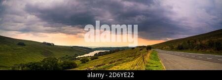 The colors of the sky before the storm. View of Cray Reservoir in Brecon Beacons National Park in Wales. Stock Photo