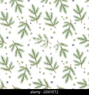 Christmas fir tree green branch repeat pattern watercolor illustration simple hand drawn festive mood pattern for greeting card, banner, winter holiday celebration design Stock Photo