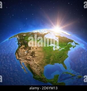 Surface of Planet Earth viewed from a satellite, focused on North America, sun rising on the horizon. Physical map of The United States USA and Canada Stock Photo