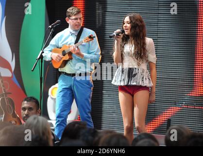 Eliza Doolittle performs at a free live event at Westfield London to launch Coca-Cola's London 2012 Olympic Torch Relay nomination campaign, 'Future Flames' - a nationwide search for the Best of British youth to carry the Olympic Flame. Stock Photo