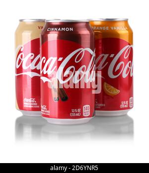 KAMCHATKA, RUSSIA- October 16, 2020 Editorial photo of Coca-Cola cans on White Background. Coca-Cola Company is the most popular market leader in Turk Stock Photo