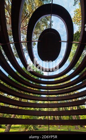 Inside the 'Through Your Eyes', metal head sculpture, RHS Gardens, Wisley. Stock Photo