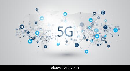 5G Network Label with Icons Representing Various Kind of Devices and ...
