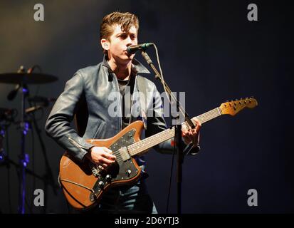 SINGLE EDITORIAL USE ONLY WITHIN 3 MONTHS OF TRANSMISSION DATE / NO ARCHIVING Alex Turner from Arctic Monkeys performing at the V festival in Chelmsford, Essex. Stock Photo