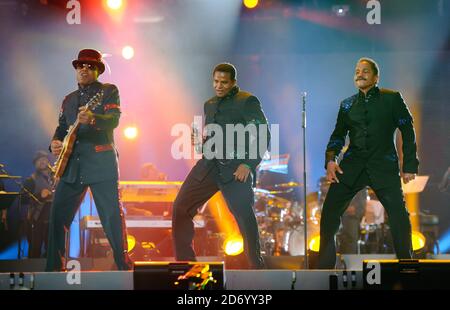 (l-r) Jackie, Tito and Marlon Jackson of the Jacksons performing on stage at the Michael Forever Michael Jackson tribute concert, held at the Millennium Stadium in Cardiff, Wales. Stock Photo