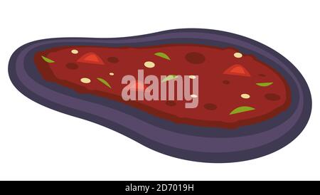 Tomato soup with basil served in aubergine vector Stock Vector