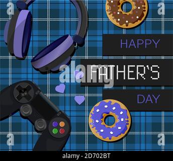 A card with a game joystick and headphones for father s day. Illustration with an English cage in blue tones on the background. Congratulations with hearts, a doughnut and items for the video game. Bright and stylish card in dark, brutal colors. Vector drawing for banner, flyer, or web advertising. Stock Vector