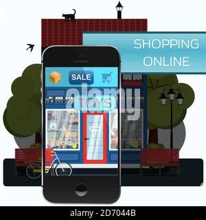 A smartphone in the form of a store. Mobile app, online store for children s toys. Smartphone screen with the image of the facade of a toy store for kids. Buying goods from the comfort of your home with home delivery. A vector illustration can be used for a website, app, or ad. Stock Vector