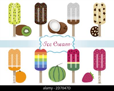 A set of different types of ice cream on a stick. Flat vector illustration of a fruit Popsicle. Poster for a pastry shop, summer collection, and dairy products. Vegan fruit ice cream. Ice cream cone vector set isolated on background. Ice cream scoop image in flat style. Stock Vector