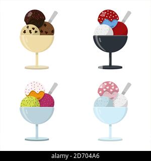 Set of flat vector vases with ice cream balls. Multi-colored Gelato balls with different tastes in a glass on a leg in a cafe or restaurant. Cold dessert with toppings, powders, syrup and chocolate. Set for summer food, parties, and children. Stock Vector