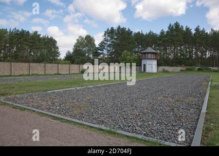 Sachsenhausen, Oranienburg, Germany - July 13, 2017: Guard tower in Gedenkstätte und Museum Sachsenhausen (Memorial and Museum Sachsenhausen), was a N Stock Photo